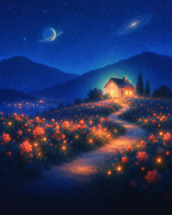 Ilustración: un camino entre flores hacia una casa iluminada al anochecer