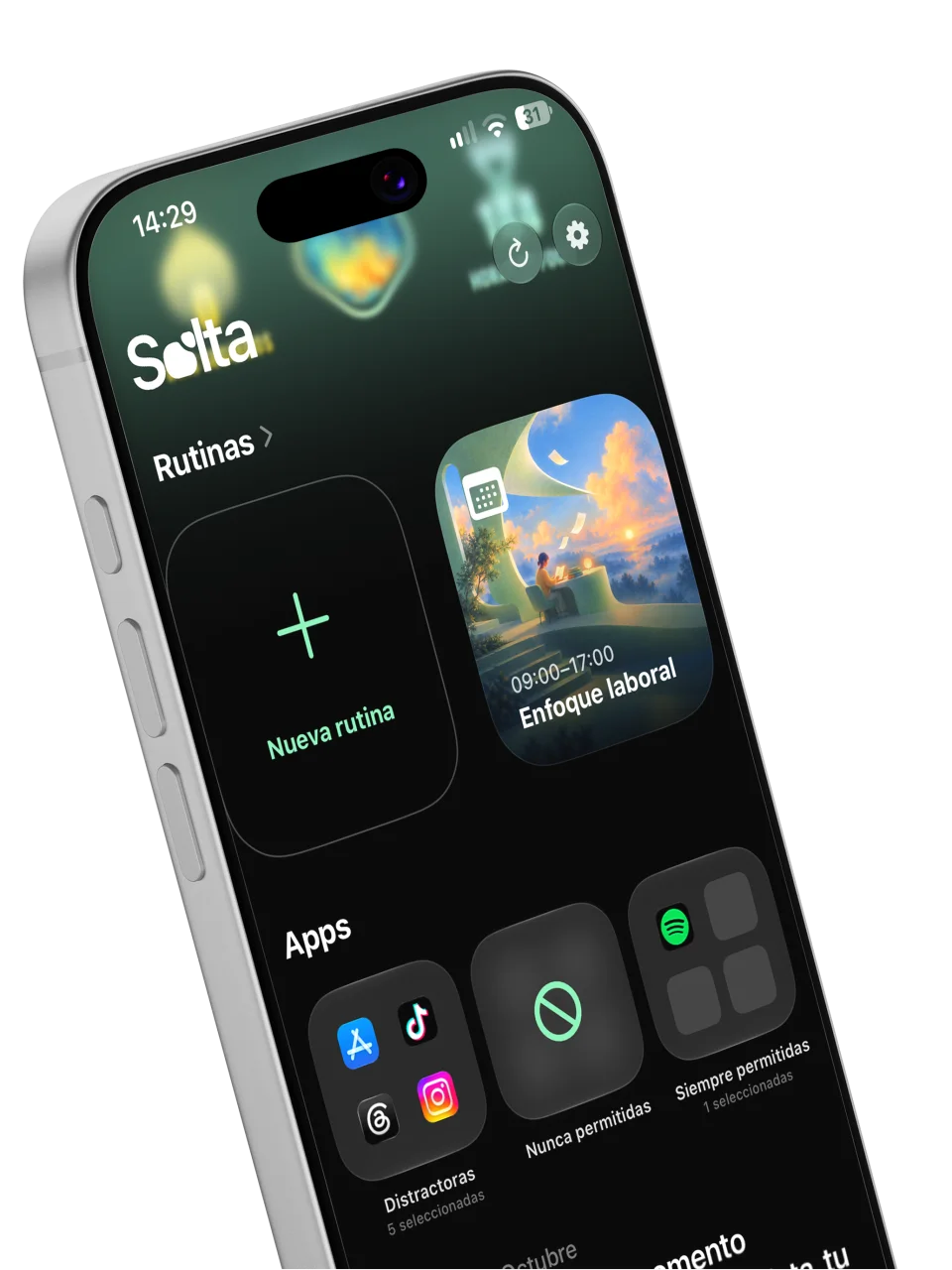 iPhone con el apartado Apps de Solta: Distractoras, Nunca permitidas y Siempre permitidas