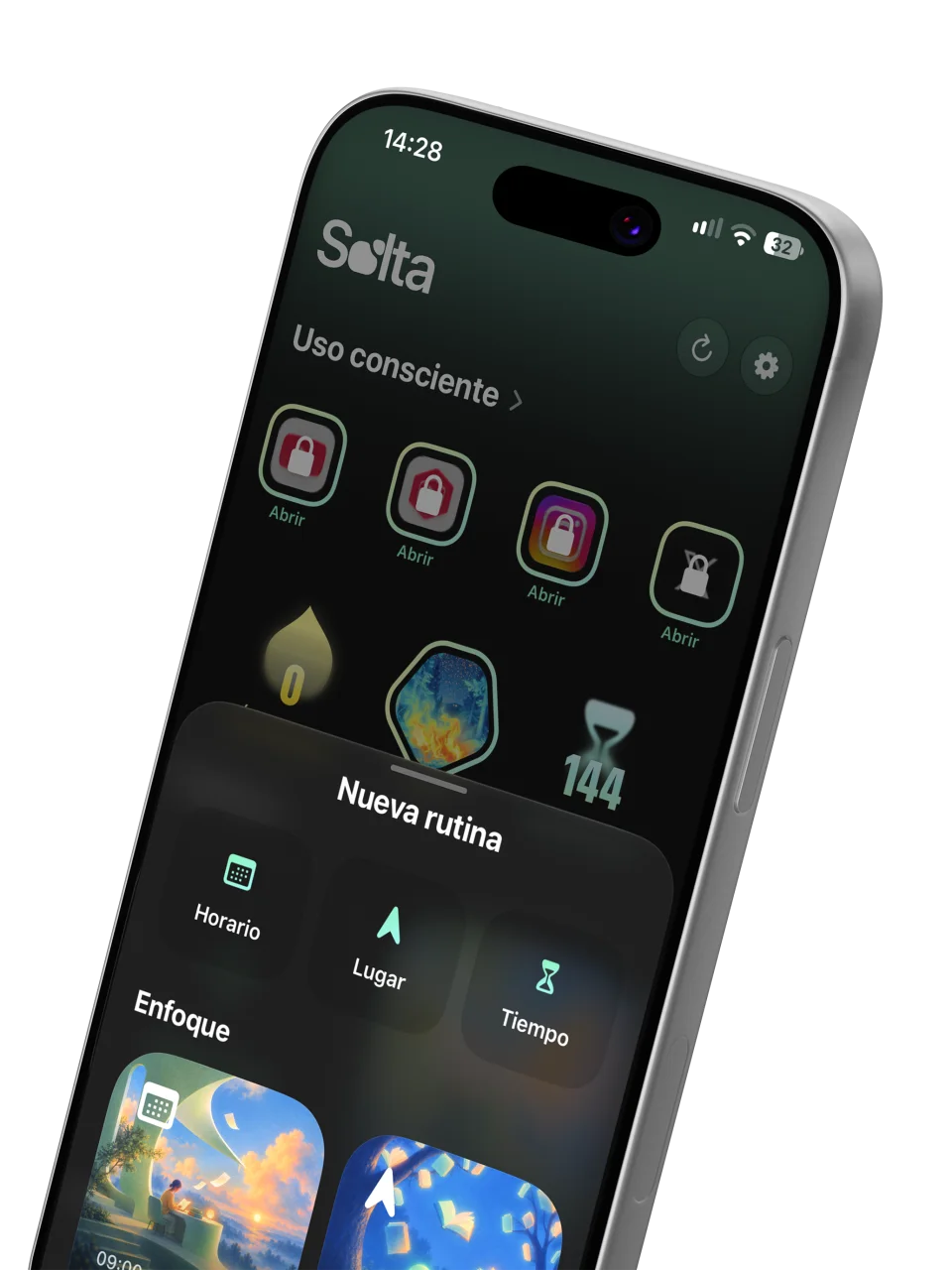 iPhone con Solta abierto en «Nueva rutina»: elegir entre Horario, Lugar o Tiempo